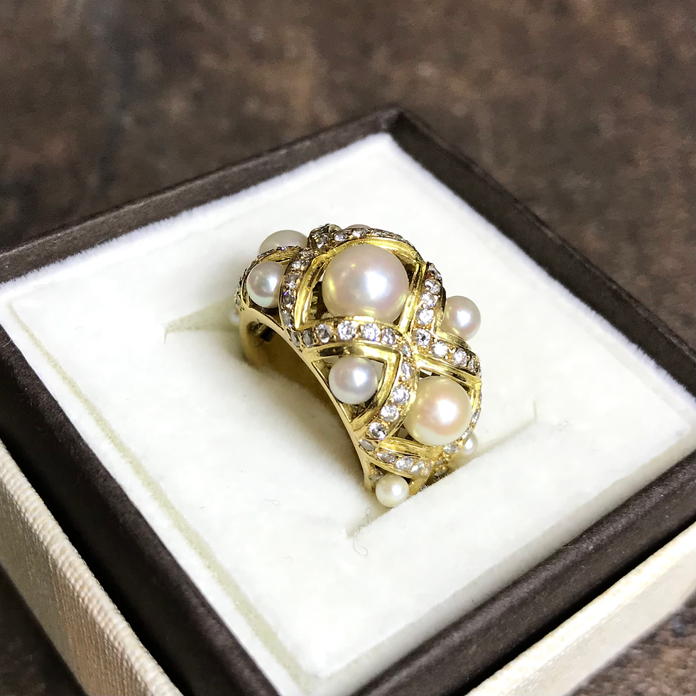 Miniatura: Duży pierścień złoty perły diamenty Francja 0,41ct
