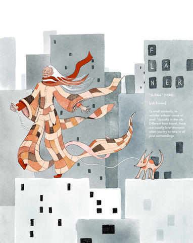 Flaner

Part of a series of illustrations on the incommunicability of concepts across different cultures. The select French words and phrases that have no English equivalents are translated through illustrative scenes and character designs. 