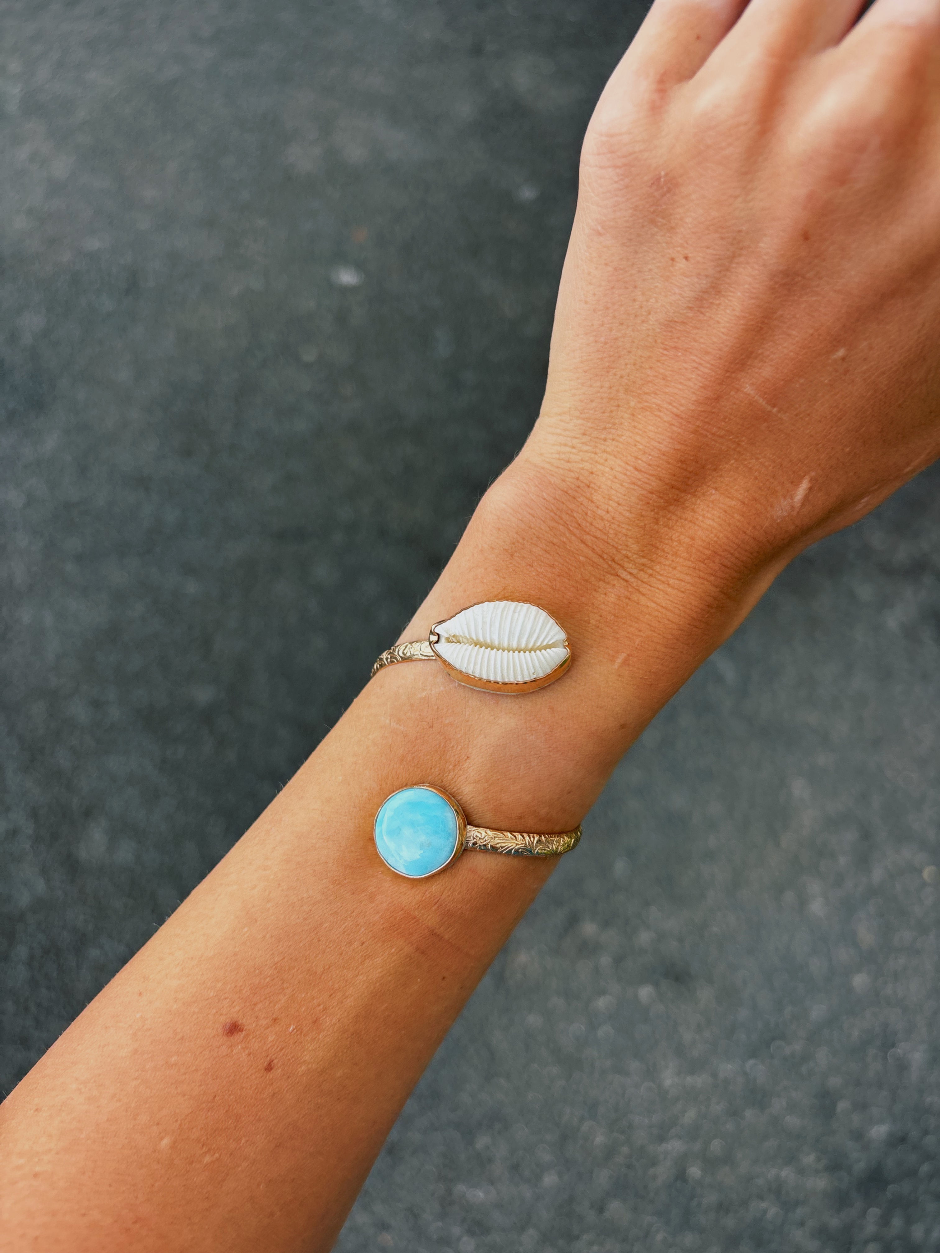 Granulated Cowrie + Larimar wrap cuff