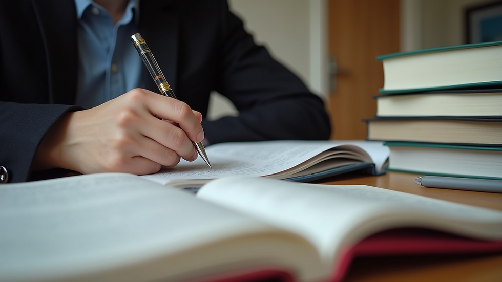 Close-up view of a student studying with books and notes