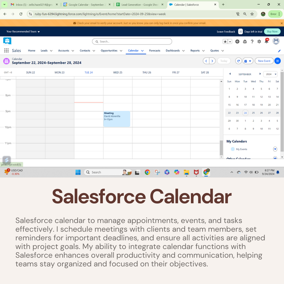 A screenshot of a Salesforce calendar displaying scheduled appointments, events, and reminders, illustrating effective time management and organization skills that enhance team productivity and communication.