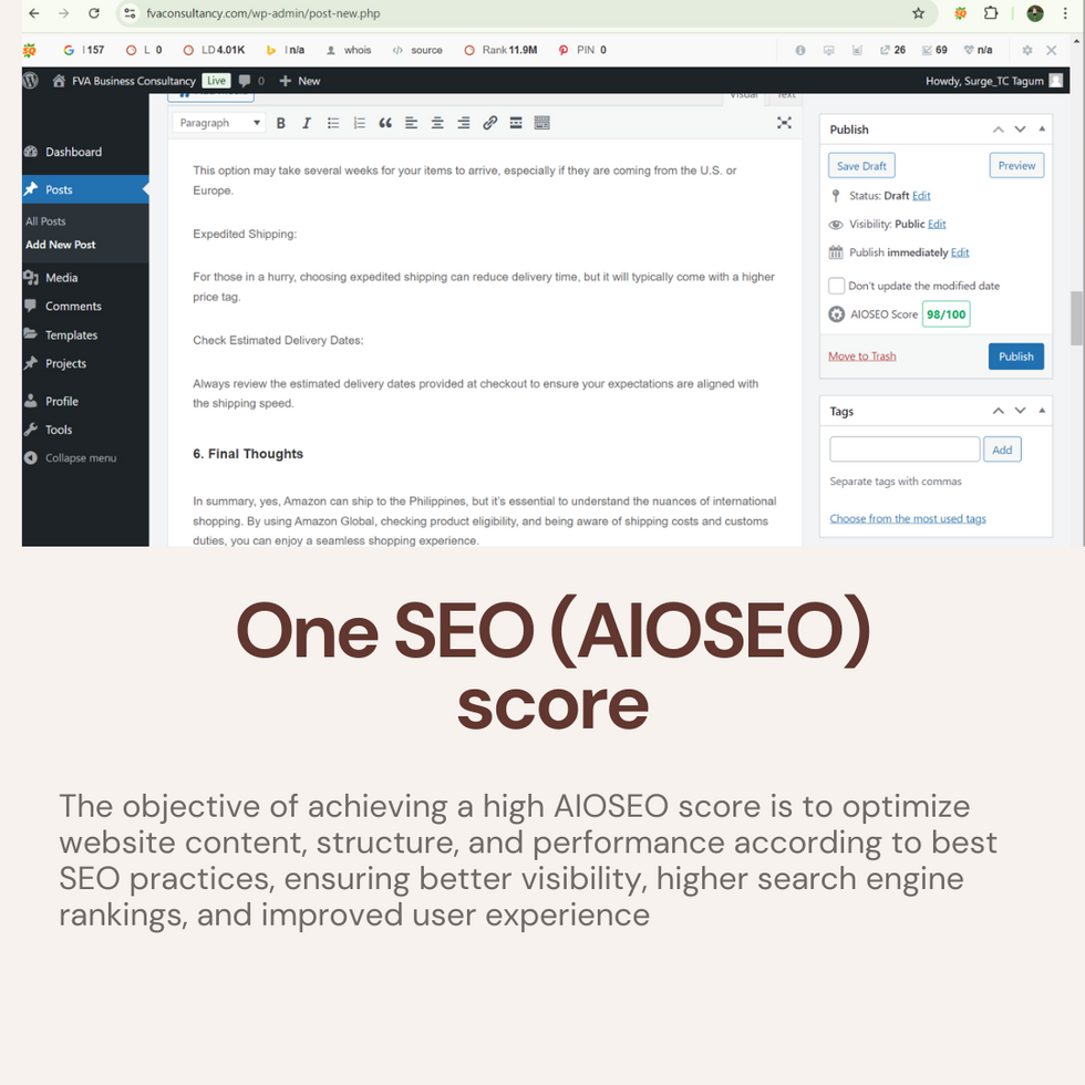 An AIOSEO score dashboard showing website optimization metrics, with a focus on keyword usage, meta tags, and content structure to improve search engine rankings and overall SEO performance.