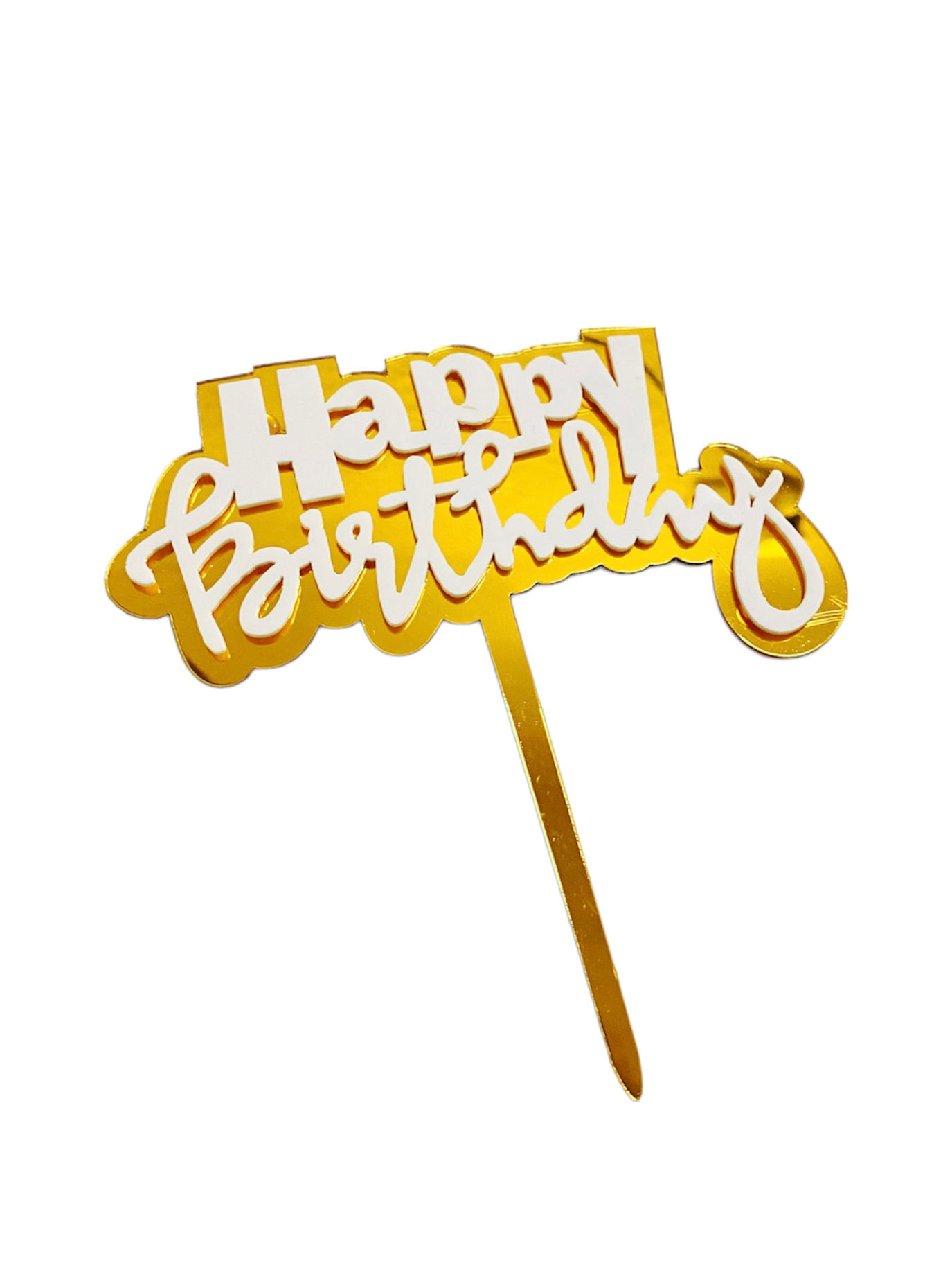 Cake Topper Happy Birthday Fondo Dorado Letras Blancas