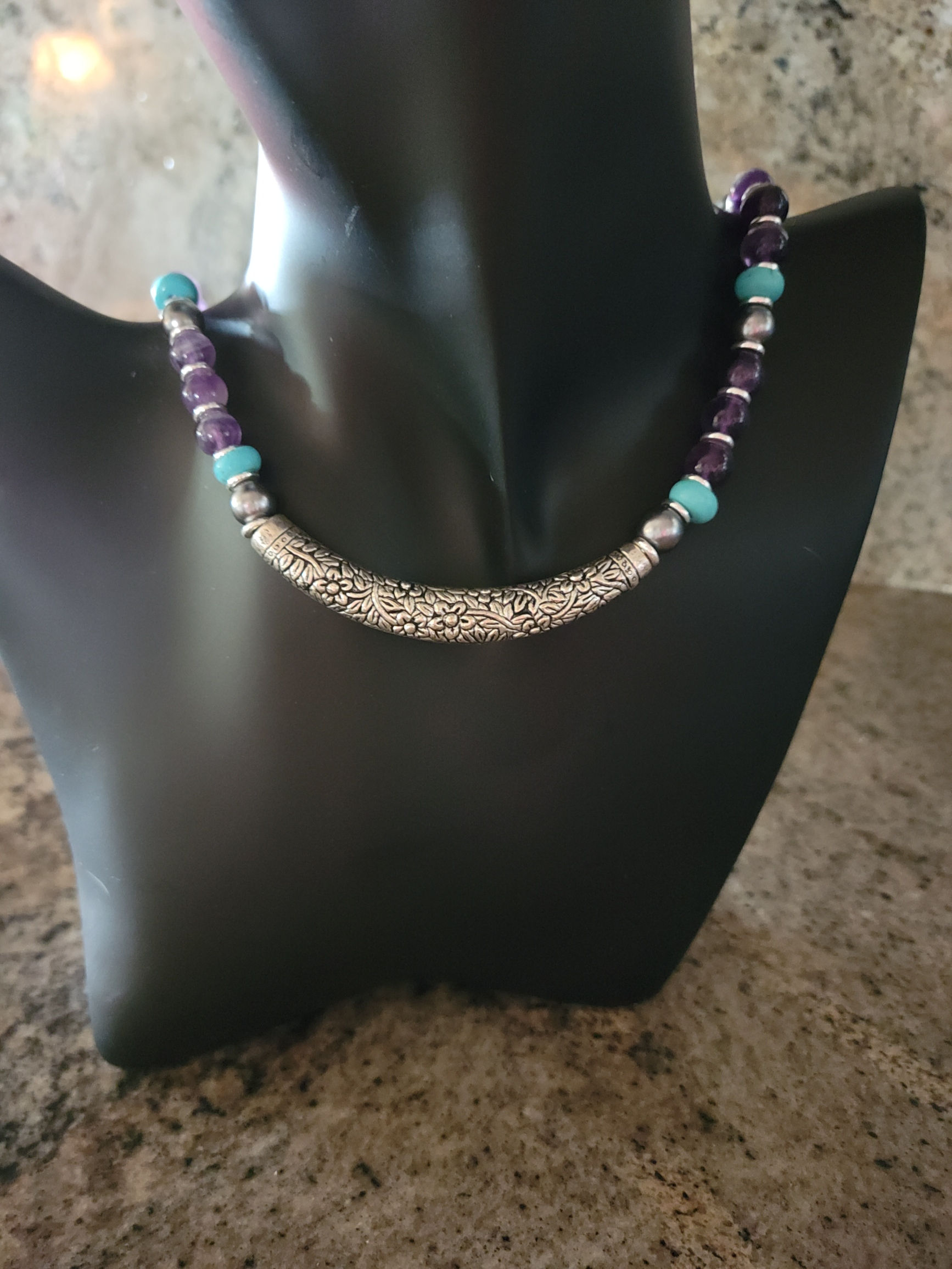 Silver Floral Print Beaded Necklace