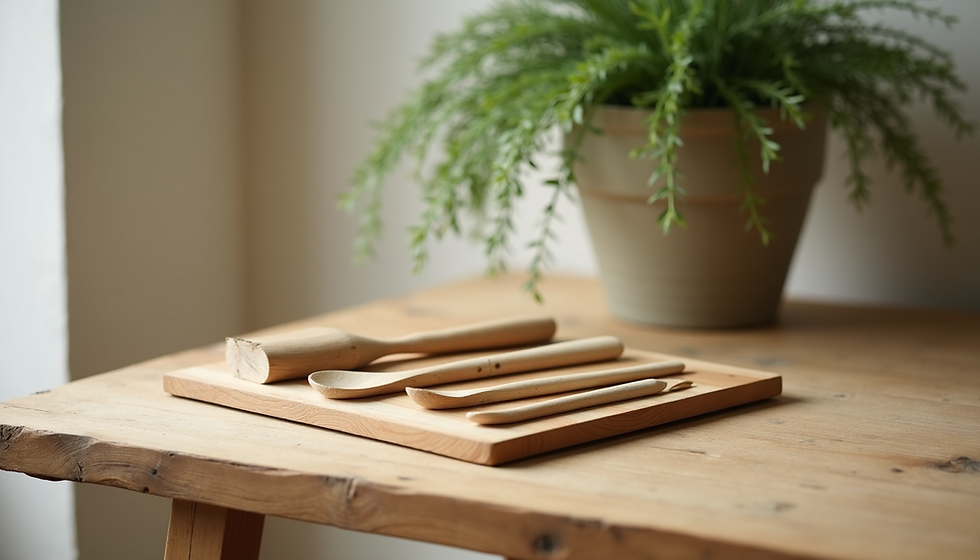 A set of carved wooden spoons on a handcrafted table.