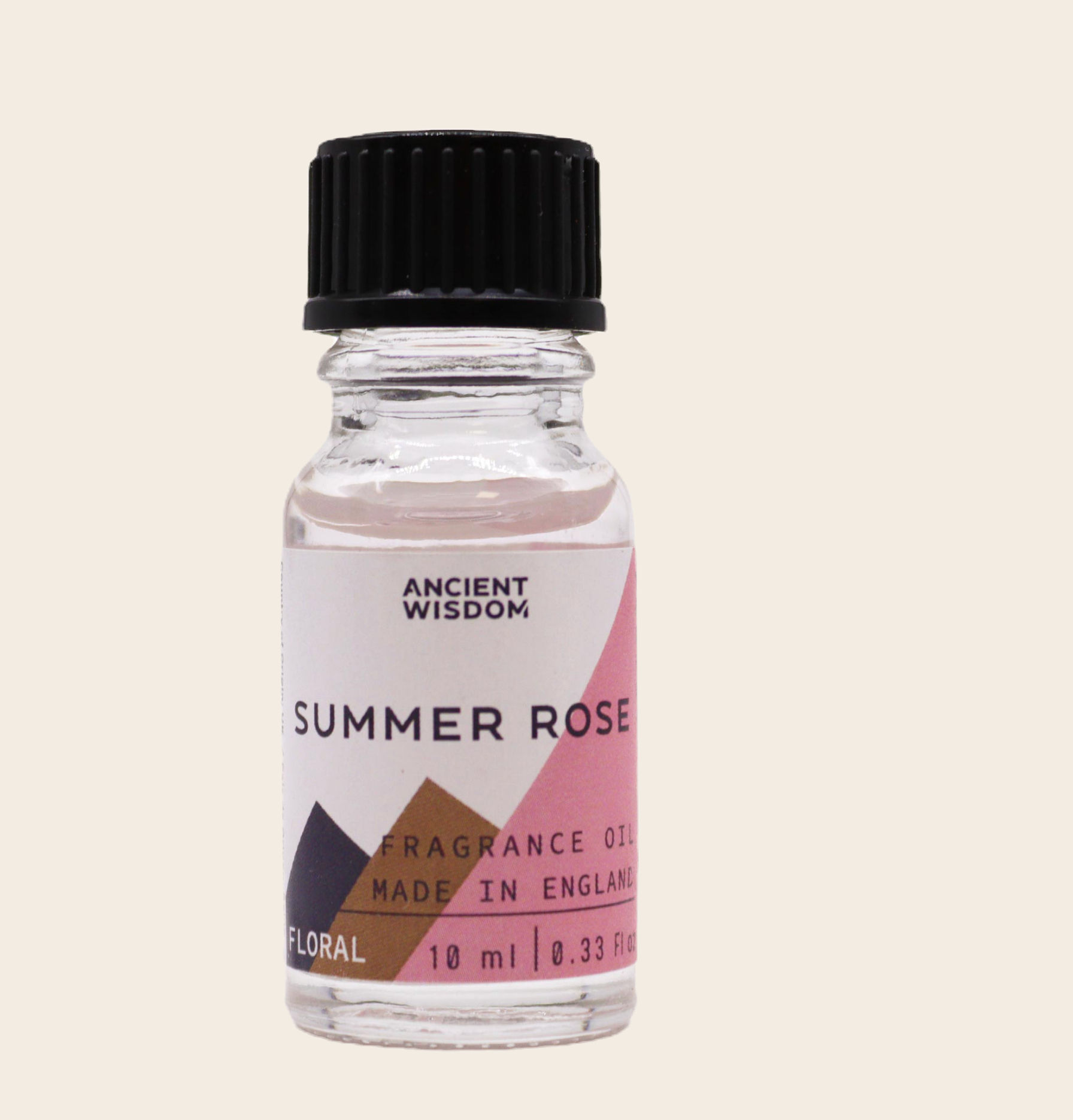 Ancient Wisdom Summer Rose Fragrance Oil 10ml bottle on a beige background