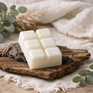 White wax melts displayed on rustic wood with soft neutral fabric and eucalyptus
