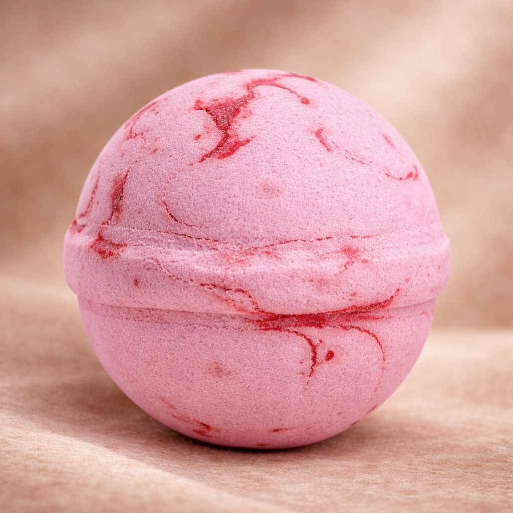 Watermelon spherical luxury bath bomb featuring a textured pink design with darker red marbling accents.
