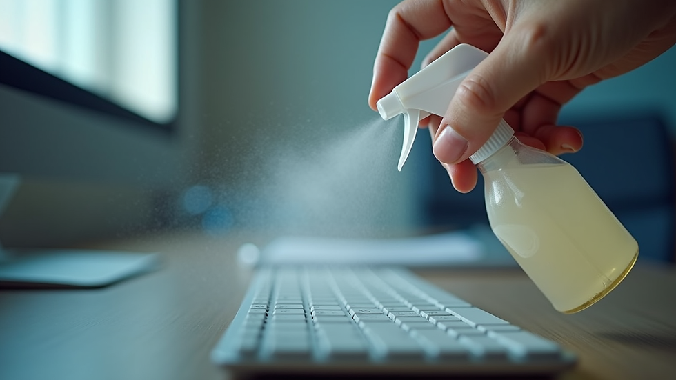 Close-up view of a disinfectant spray being applied on an office keyboard