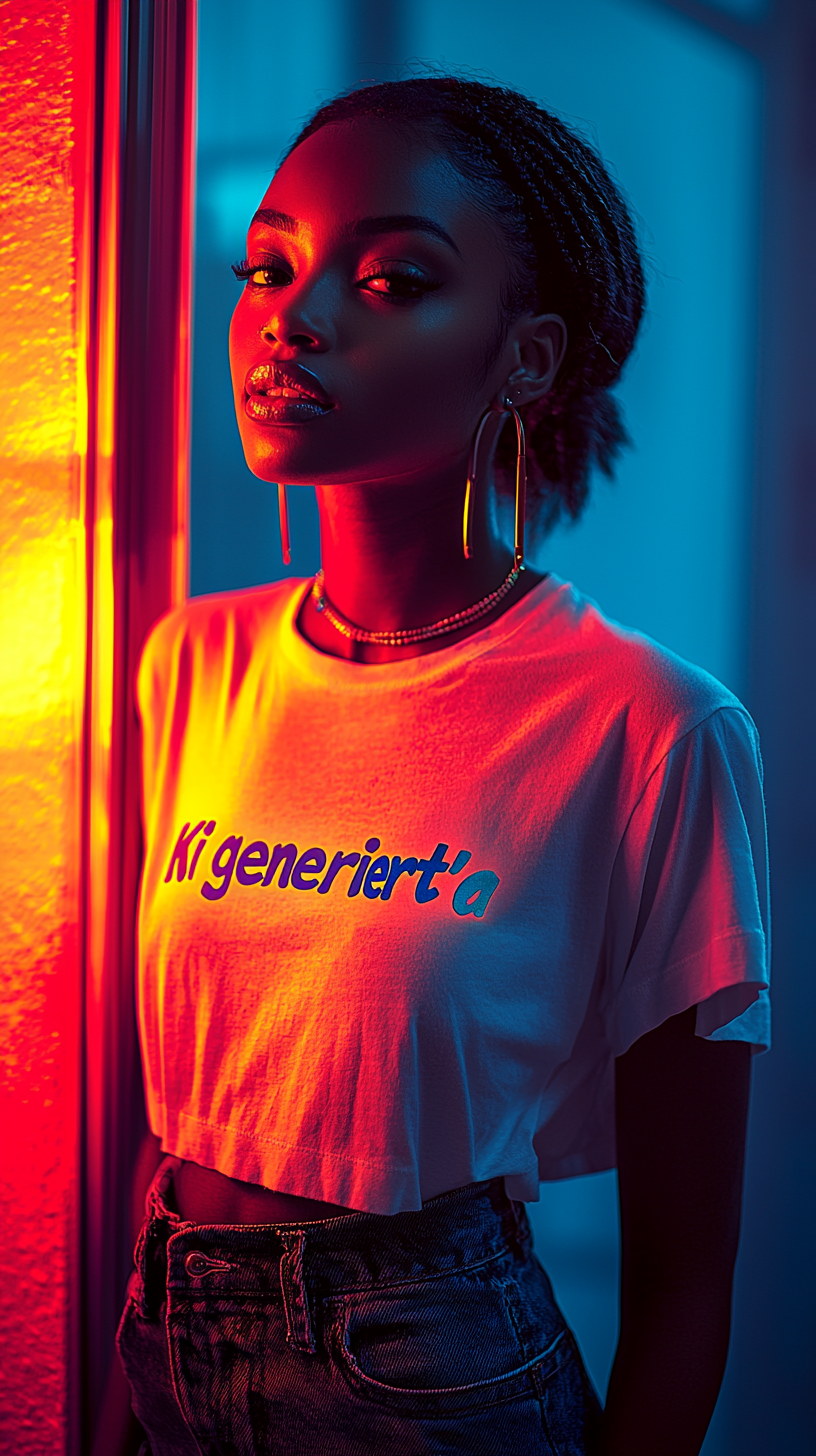 Frau mit T-Shirt Spruch _Ki geniert_ - Ki Bild
