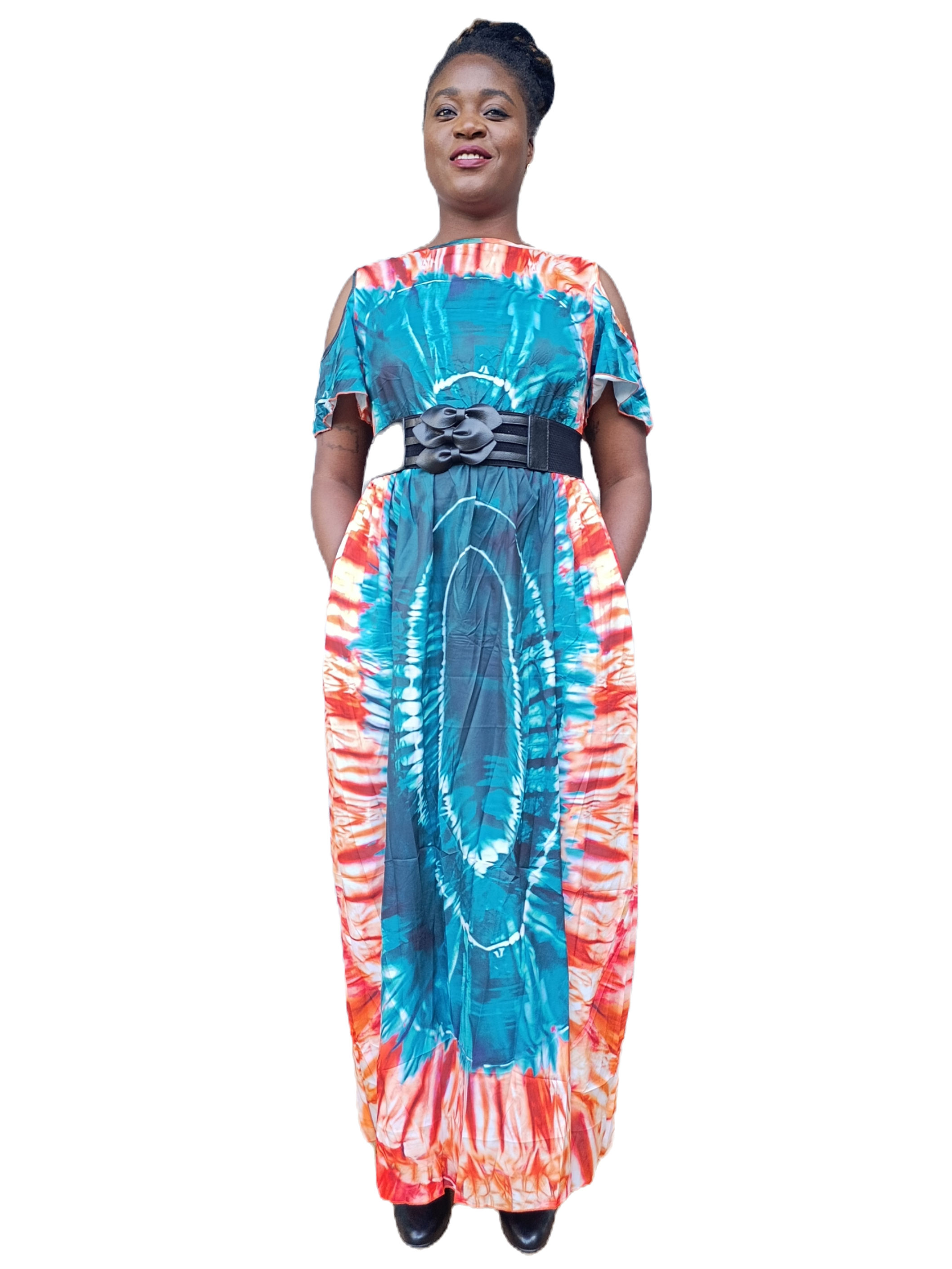 Fiery Horizon Cold-Shoulder Maxi: Effortless Fluidity Meets Bold Expression