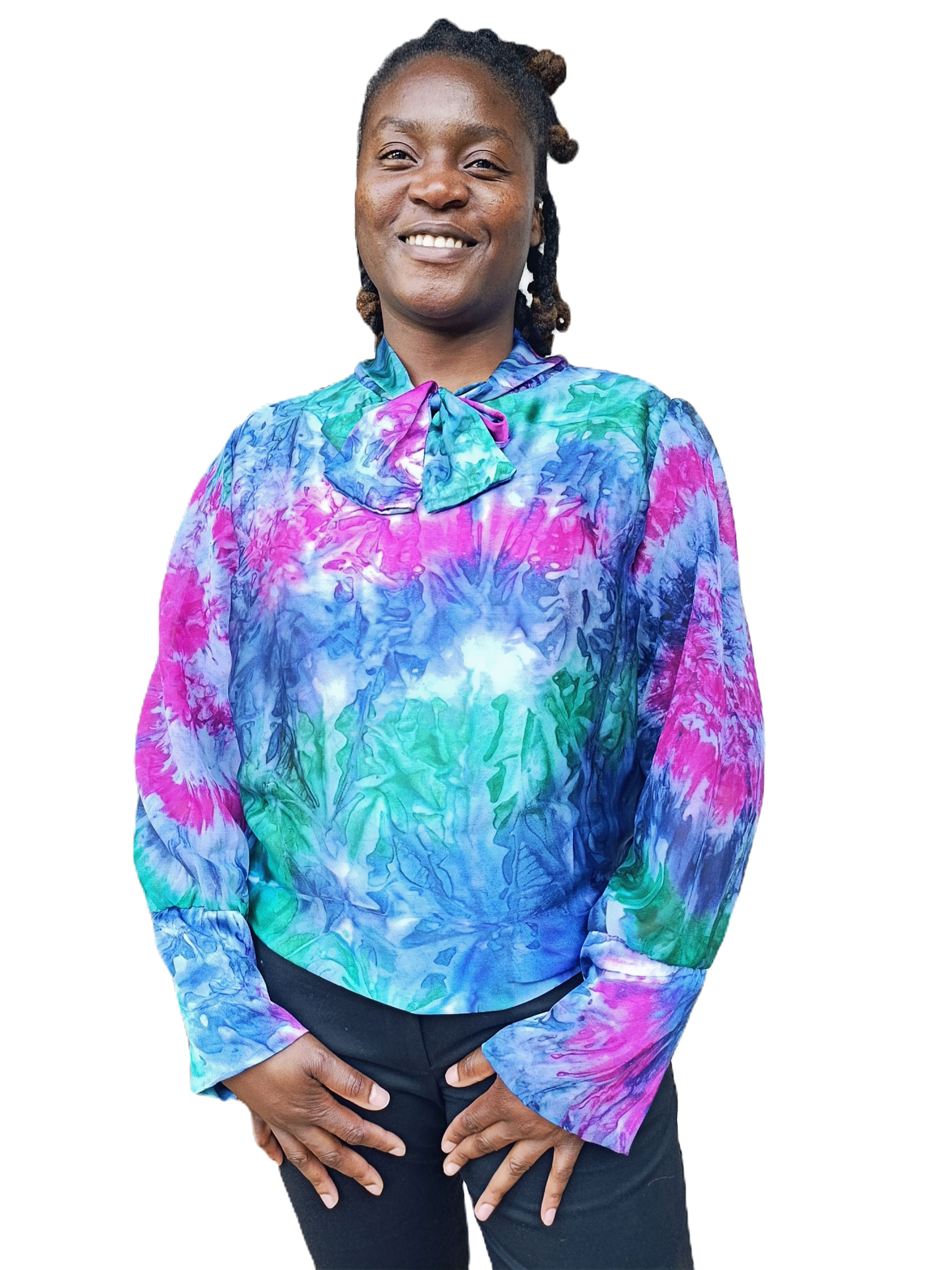 Kaleidoscope Tie-Neck Blouse – An Explosion of Electric Color & Effortless Grace
