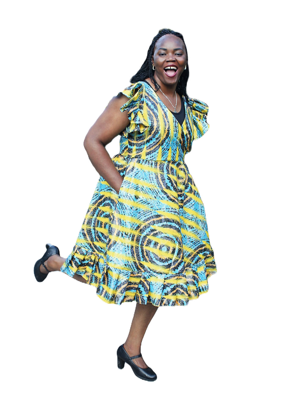Thumbnail: Phinifa Dress: Ruffled Mock-Wrap Midi Dress in Radiant Yellow and Teal