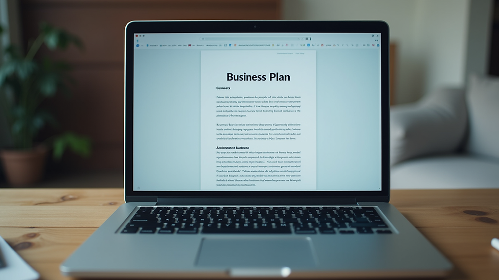 Eye-level view of a laptop screen displaying a business plan document