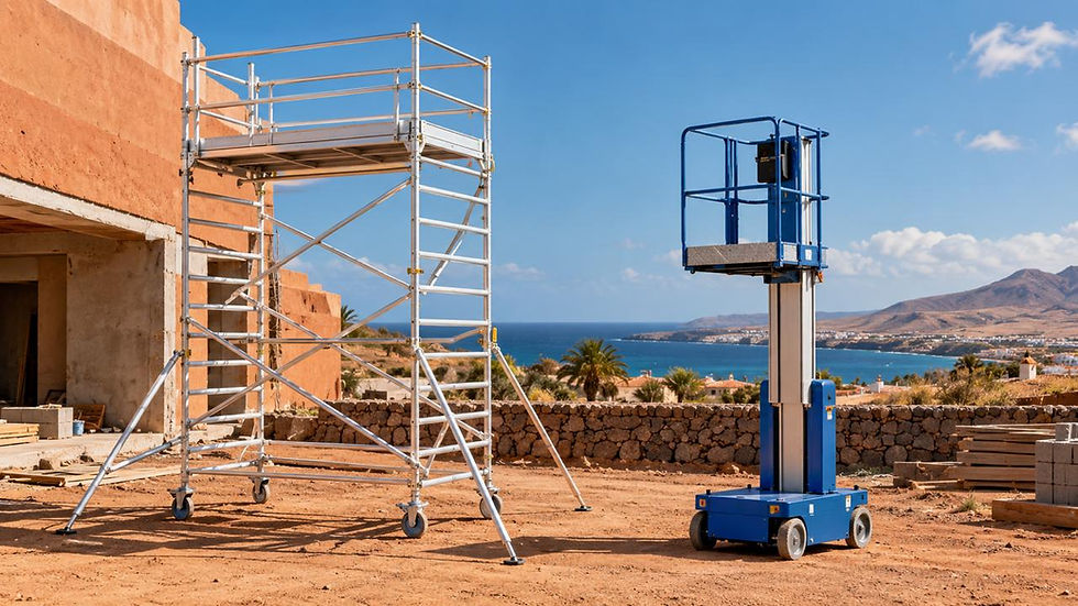 Comparación entre torre de andamio de aluminio y plataforma elevadora en obra