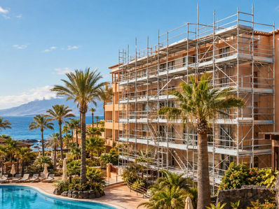 Estructura de andamio de aluminio en fachada de hotel en reforma en Tenerife