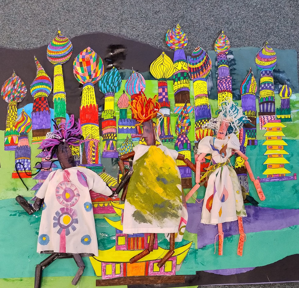 Backdrop for the Firebird with puppets