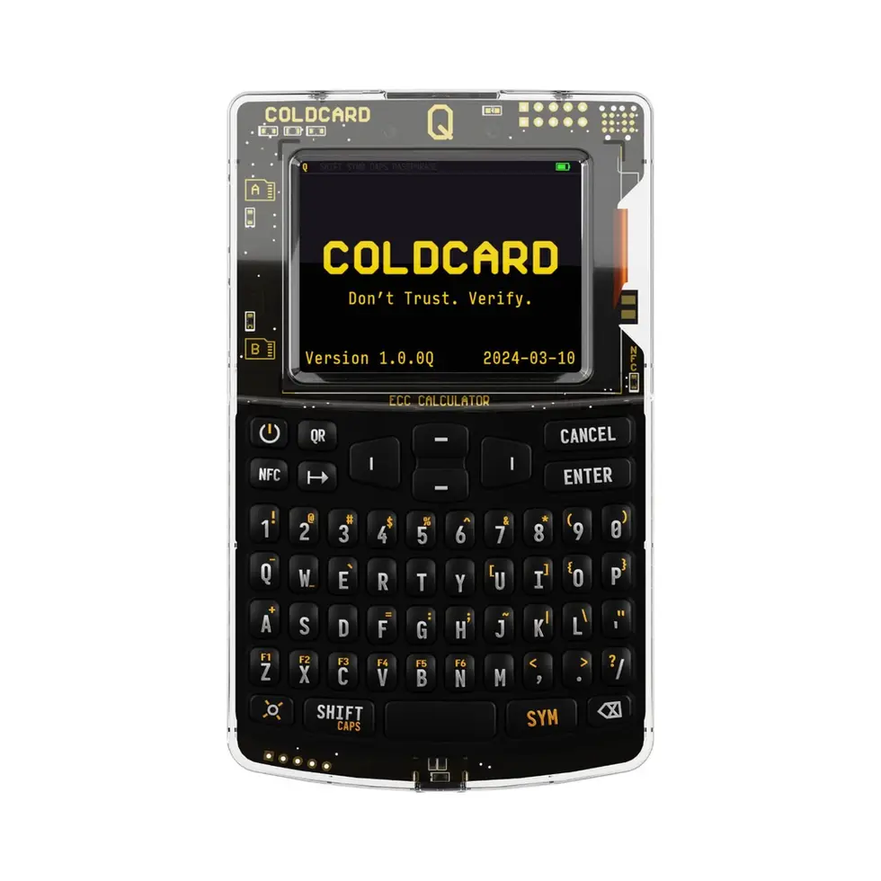 Coldcard hardware wallet with visible text: COLD CARD, don't trust, verify.