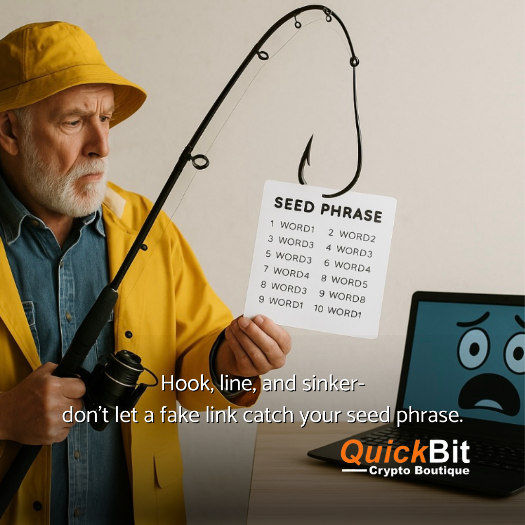 An old man in a fishing out fit hooked a Seed Phrase Sheet in font of a lap top.