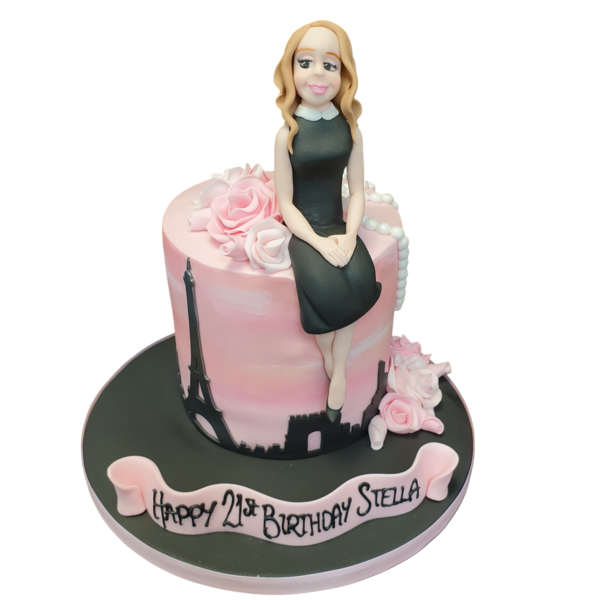 Bespoke Parisian Lady cake with elegant fondant details and floral accents, crafted in Solihull, West Midlands.