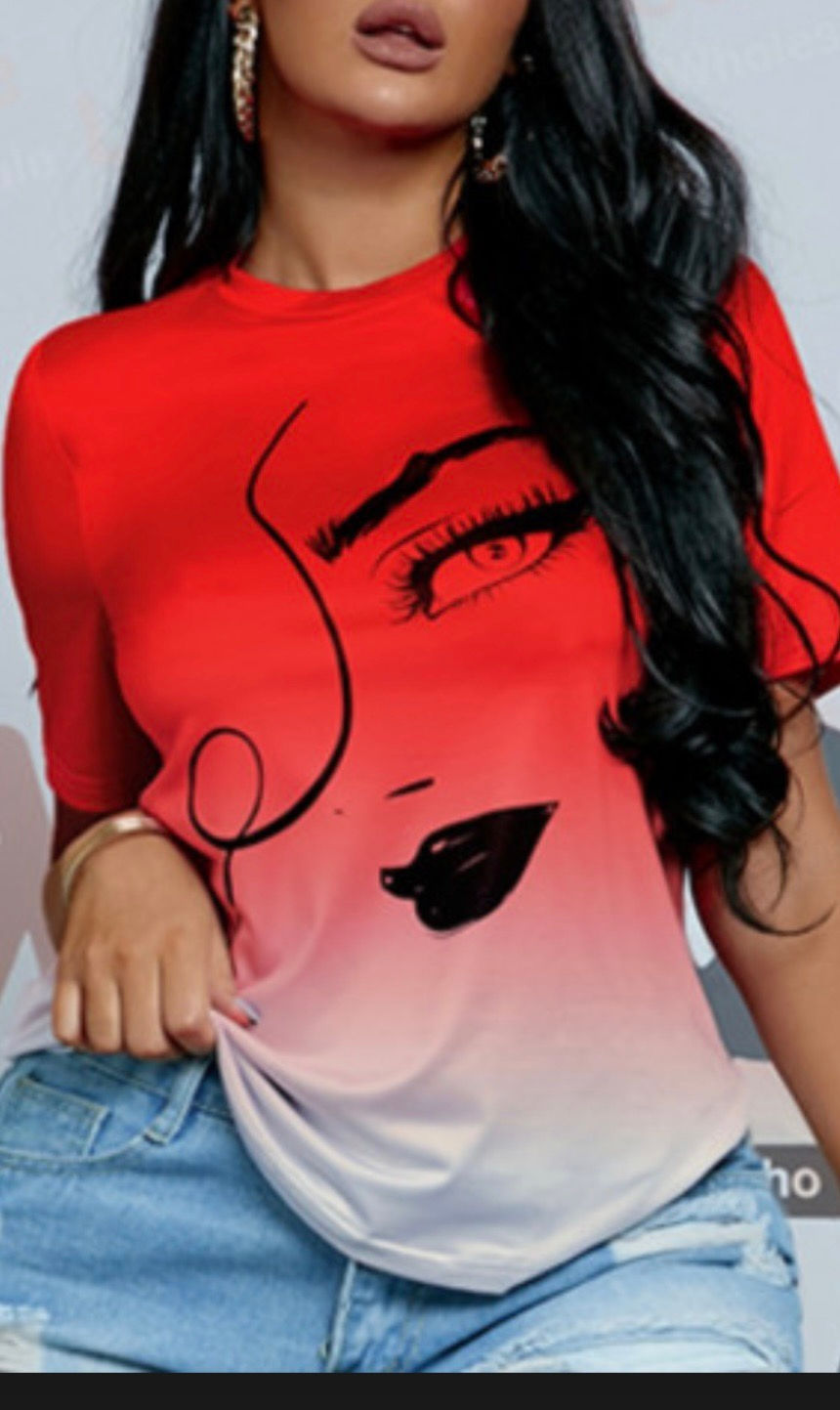 Red gradient t-shirt with woman's face print Madame Curves