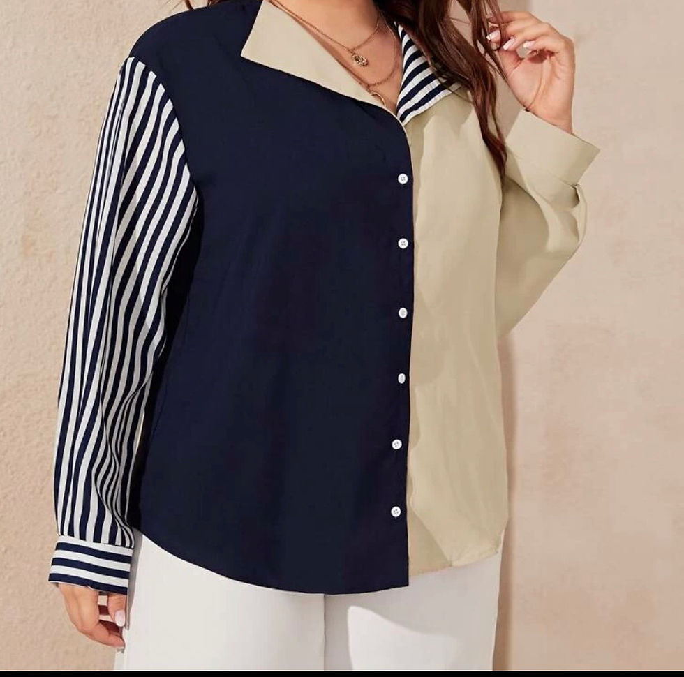Thumbnail: A Color-lump Patchwork Blouse with navy and beige panels, striped sleeve, white pants.