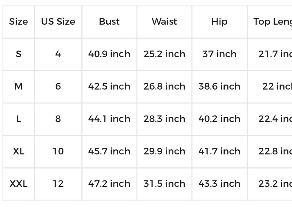 Thumbnail: Size chart with Bust, Waist, and Hip measurements for sizes 4 through 12
