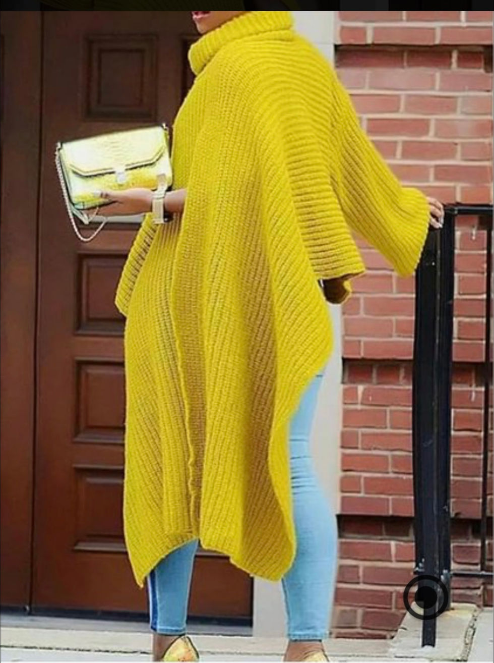 Thumbnail: Woman wearing a bright yellow Plus Size Turtleneck Asymmetrical Sweater, holds handbag.