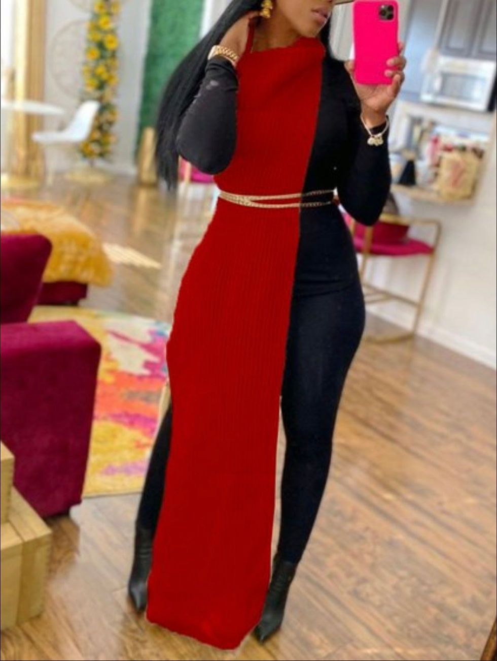 Thumbnail: Woman in a black and red outfit posing indoors. Plus Size Turtleneck Asymmetrical Sweater