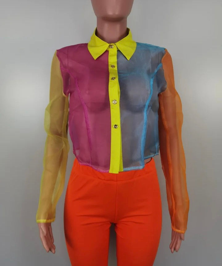 Colorful sheer button-up shirt, yellow collar, pink, orange, blue sections. Madame Curves.