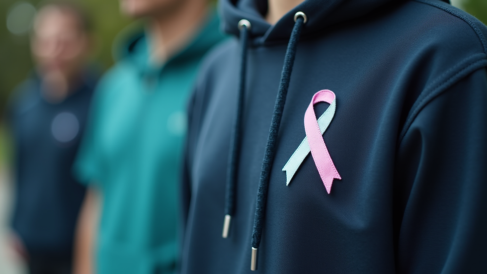 Close-up of a hoodie with a mental health awareness ribbon symbol