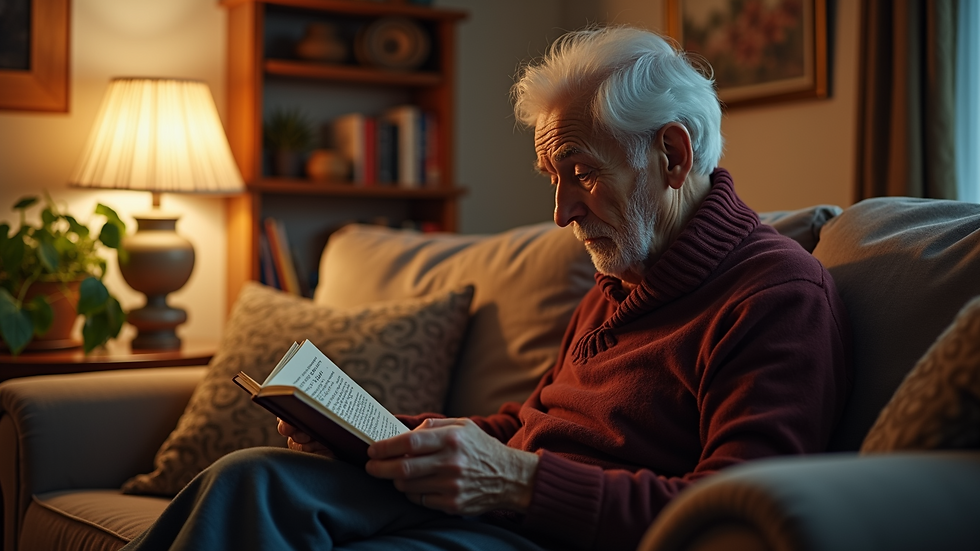 Eye-level view of a cozy living room setting with an elderly individual reading a book