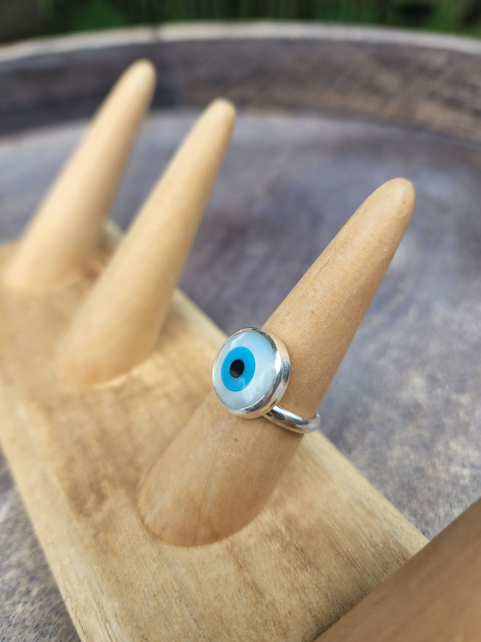 Thumbnail: Mother of Pearl Evil Eye Sterling Silver Ring Size 6.75