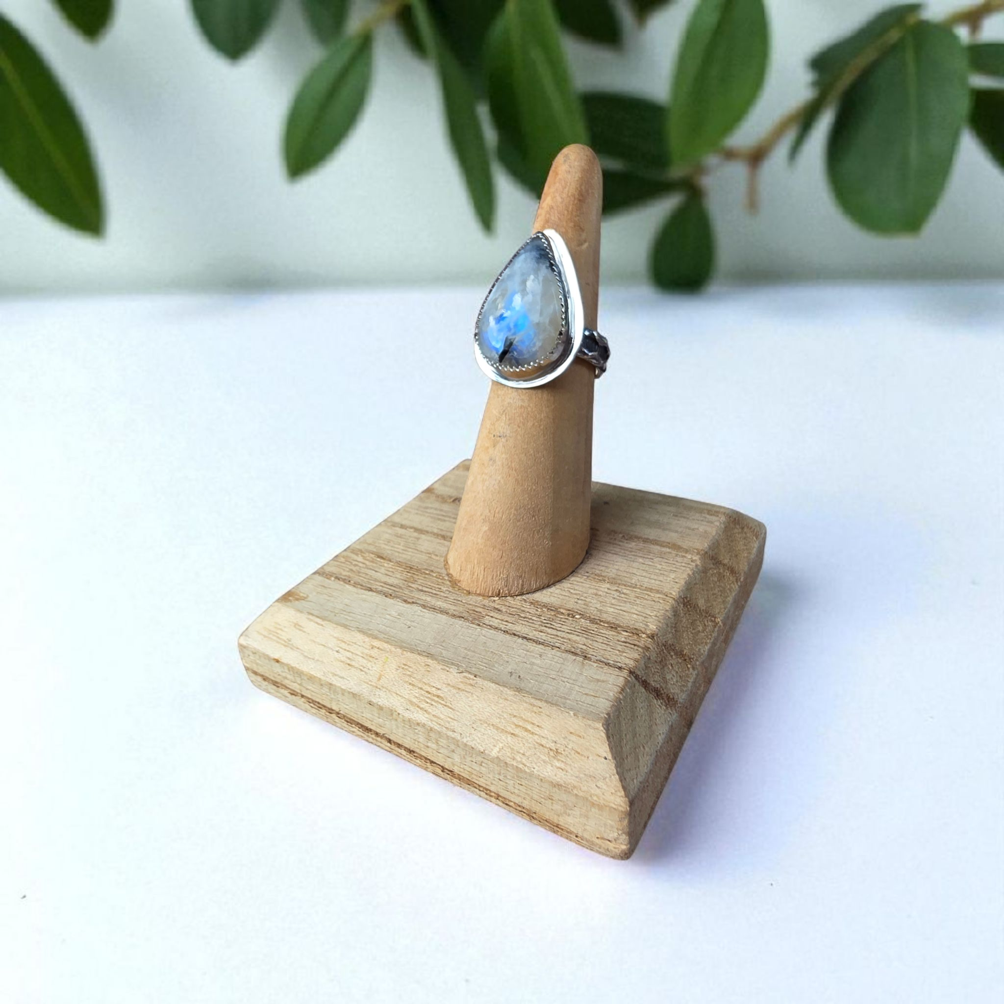 Moonstone with Black Tourmaline Sterling Silver Ring Size 5.75