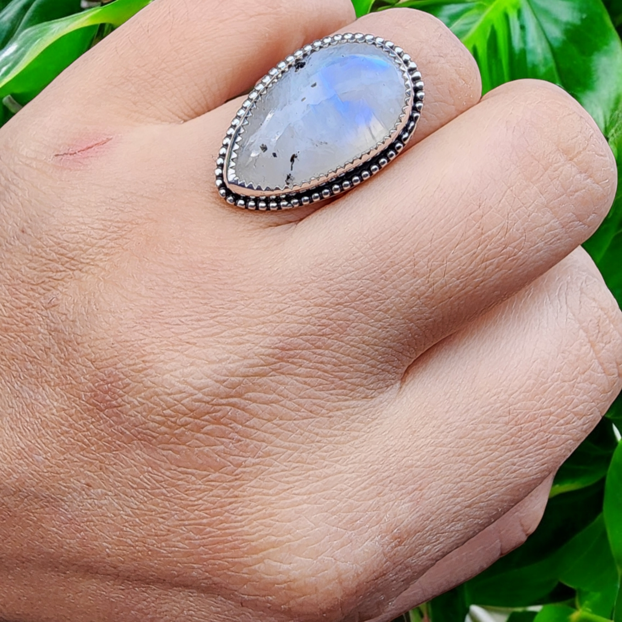 Moonstone with Black Tourmaline Sterling Silver Ring Size 6.5-6.75
