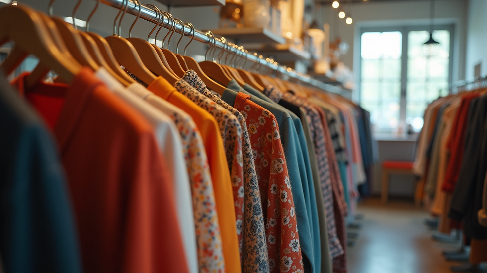 Eye-level view of a stylish clothing rack filled with colorful outfits