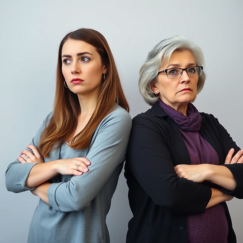 Two irritated people looking in opposite directions with their arms crossed. One is a woma
