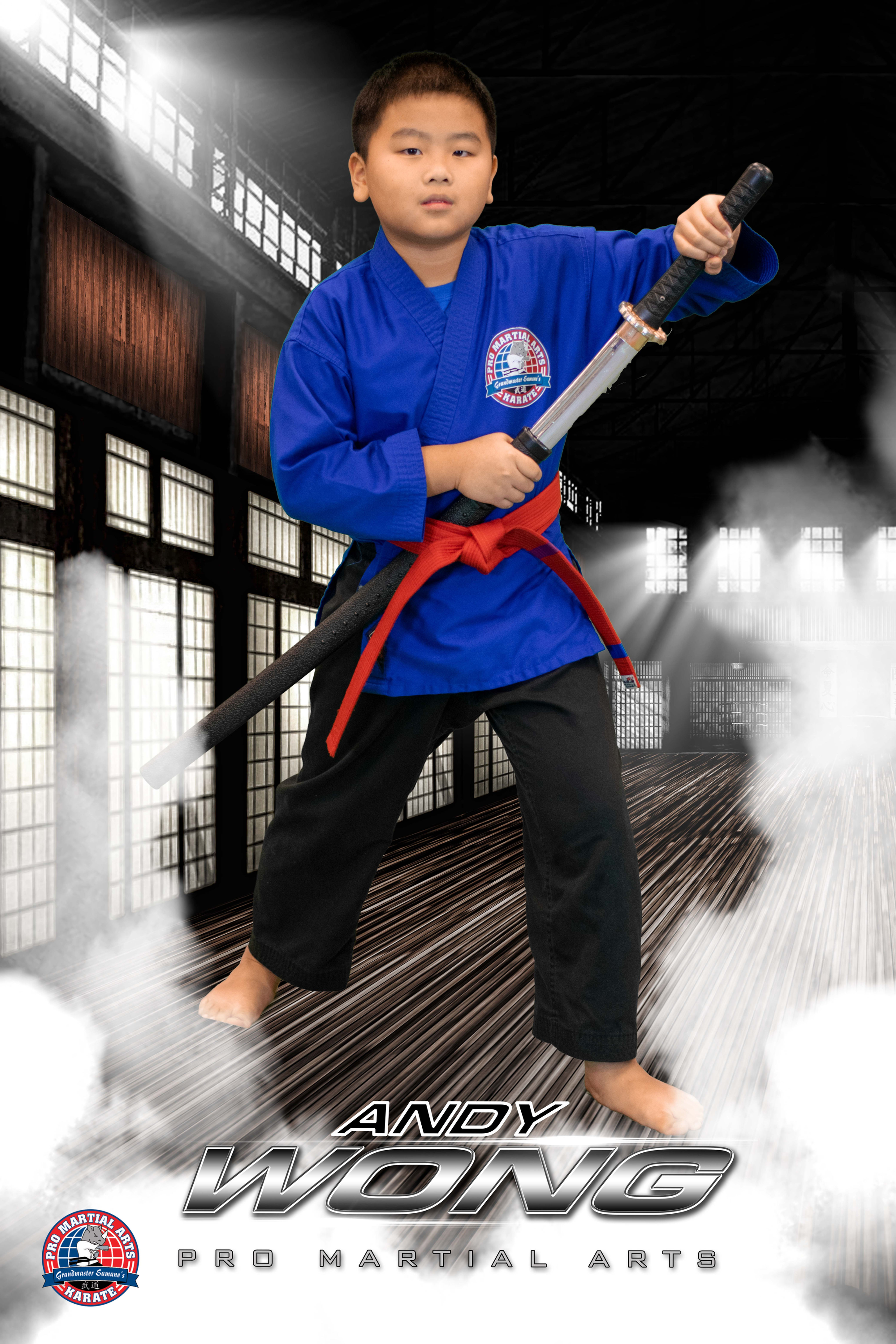 Andy Wong with weapon in dojo