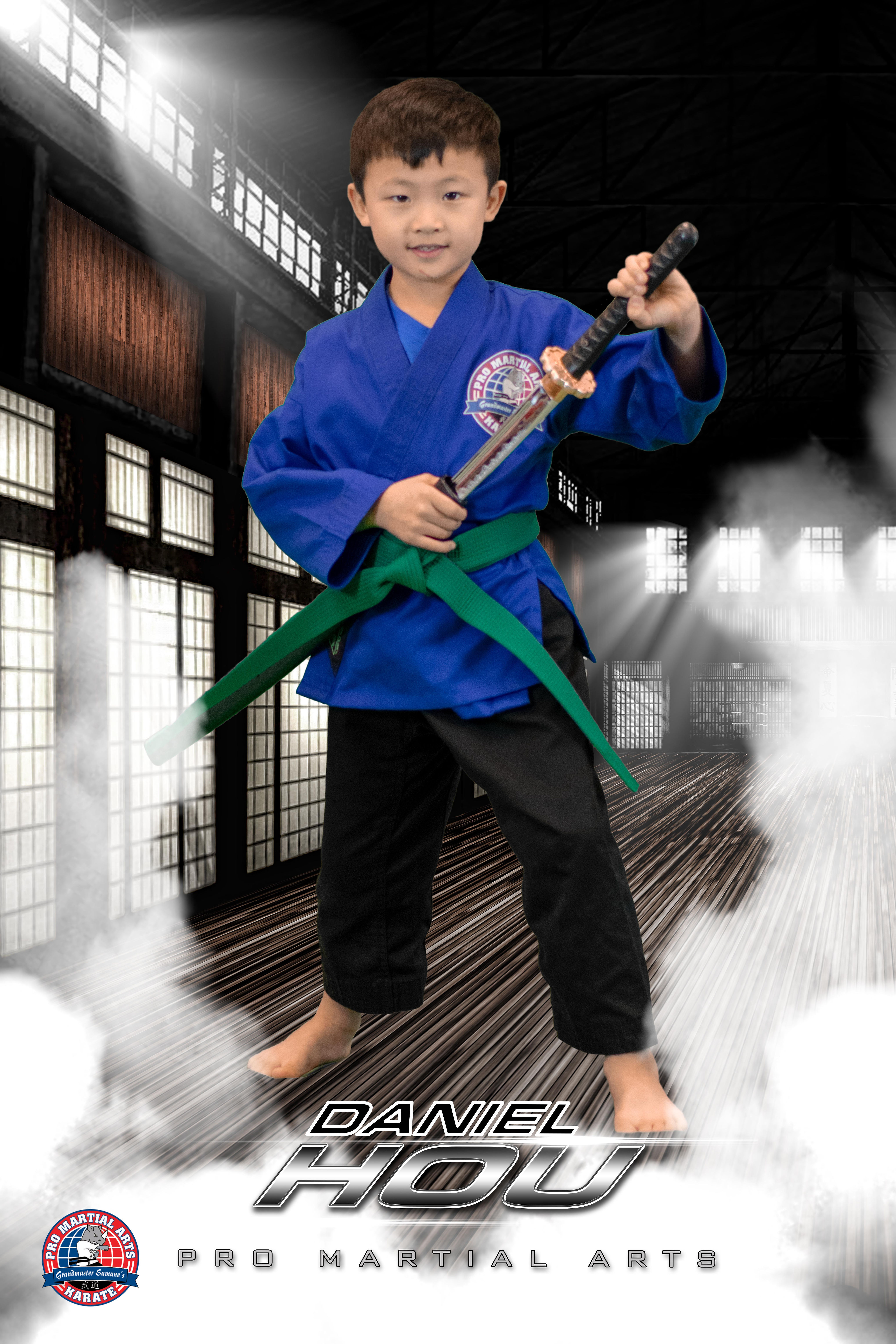 Daniel with weapon in dojo