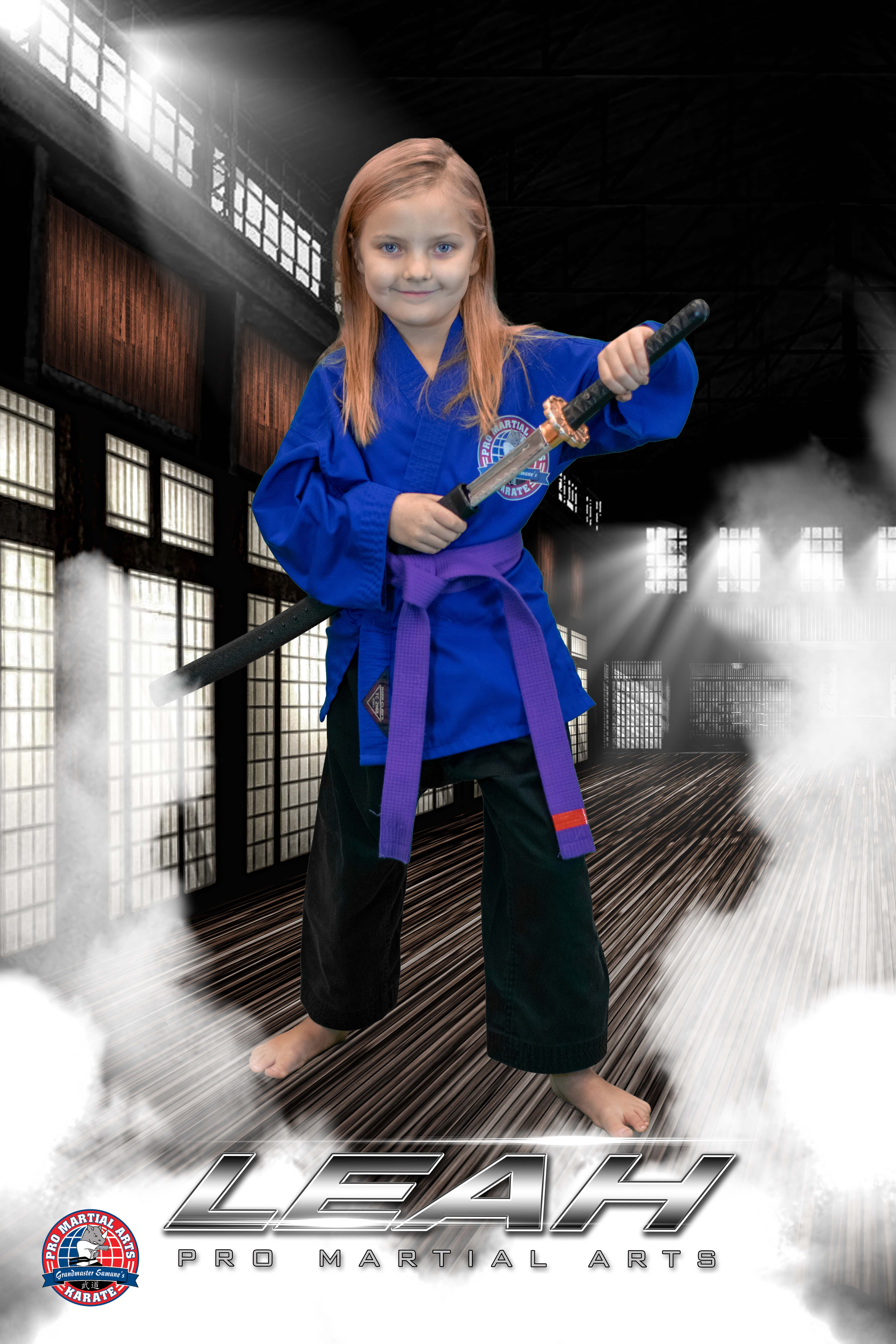 Leah with weapon in dojo
