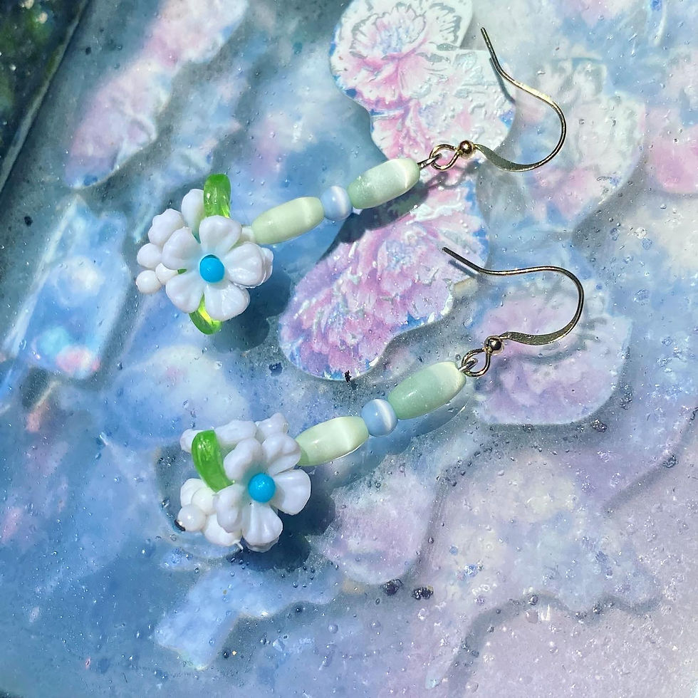サムネイル： 60s 天然石 花球 貓眼 耳環