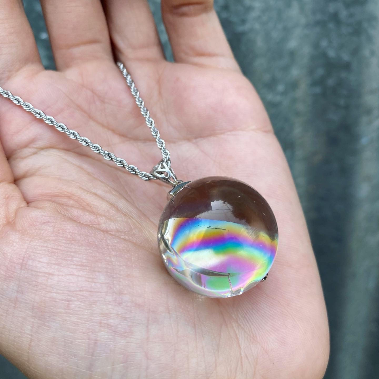 925 天然石 彩虹光 水晶球 項鍊