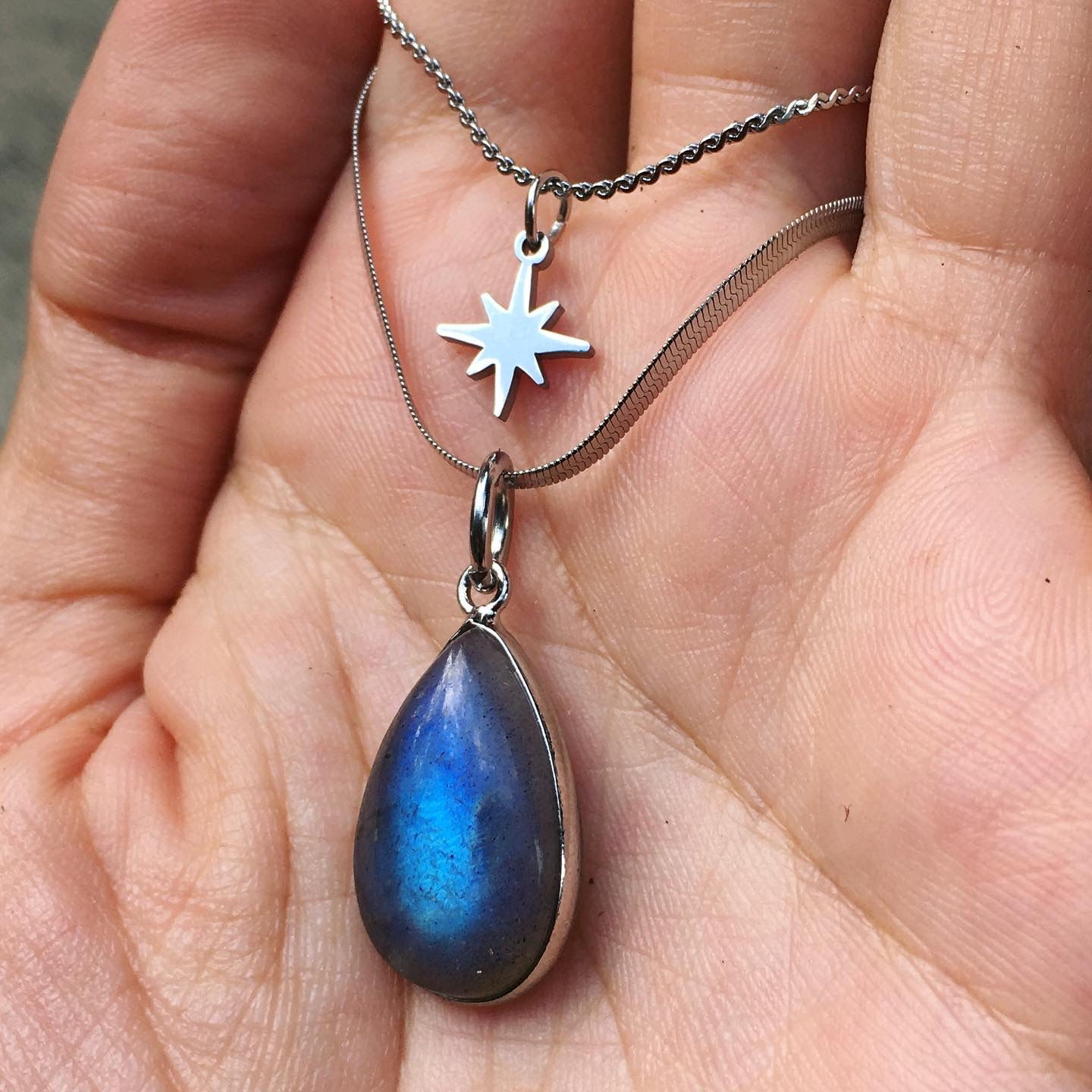 Labradorite | 天然石 雙層 藍光 拉長石 水滴 頸鏈