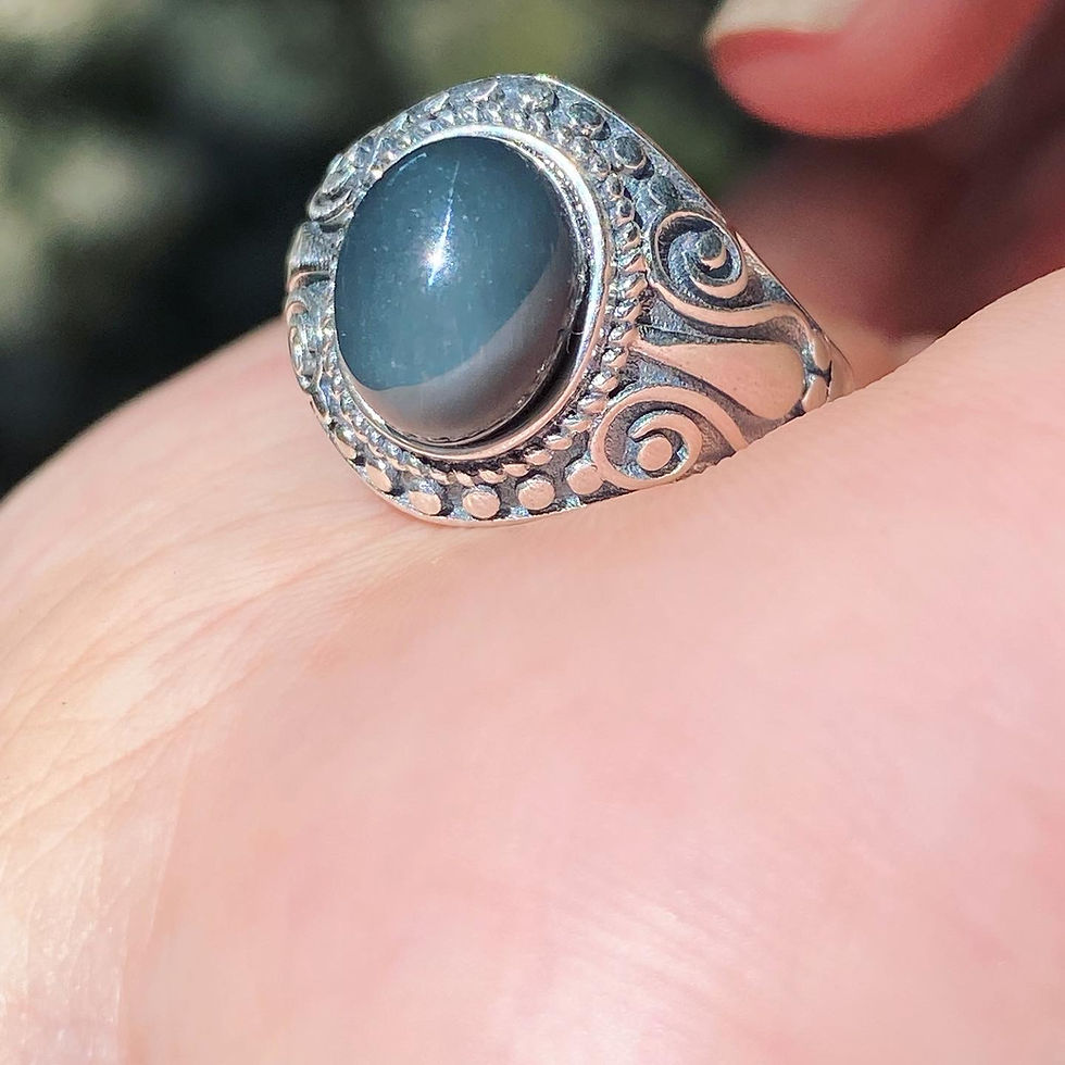 縮圖：Rutilated Quartz | 中性款 天然石 灰藍 兔毛水晶 雕花 指環