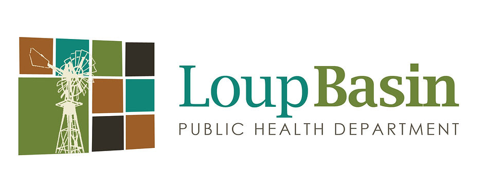 LBPHD Logo, featuring the nine counities we serve as they appear on a map. A large square with 8 small squares surrounded, and a windmill outline next to the words Loup Basin Public Health Department.