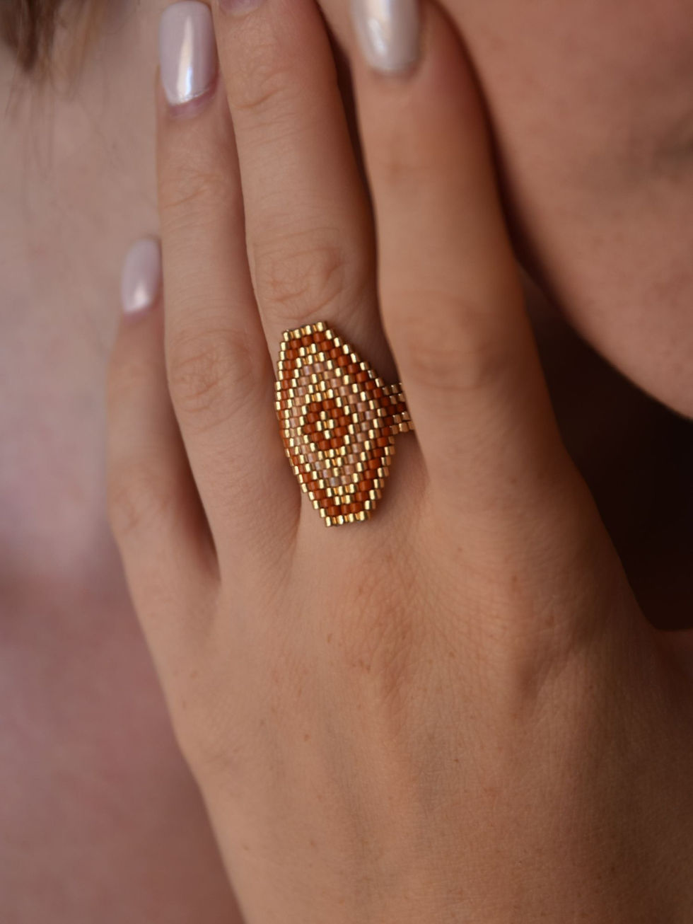 Terra Blaze Δαχτυλίδι Με Χάντρες Miyuki | Κεραμιδί - Χρυσό | TORTORA STUDIO