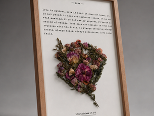 Framed pressed wedding bouquet with love verse by ADONIA Studios, bouquet preservation on the South Shore of Massachusetts
