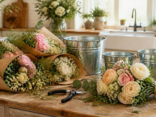 DIY wedding bouquet of grocery store roses, ranunculus and eucalyptus being arranged on a table