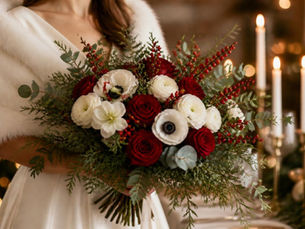 Christmas wedding bouquet of red roses, white anemones and ranunculus with cedar and winterberry