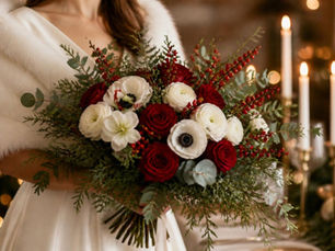 Christmas wedding bouquet of red roses, white anemones and ranunculus with cedar and winterberry